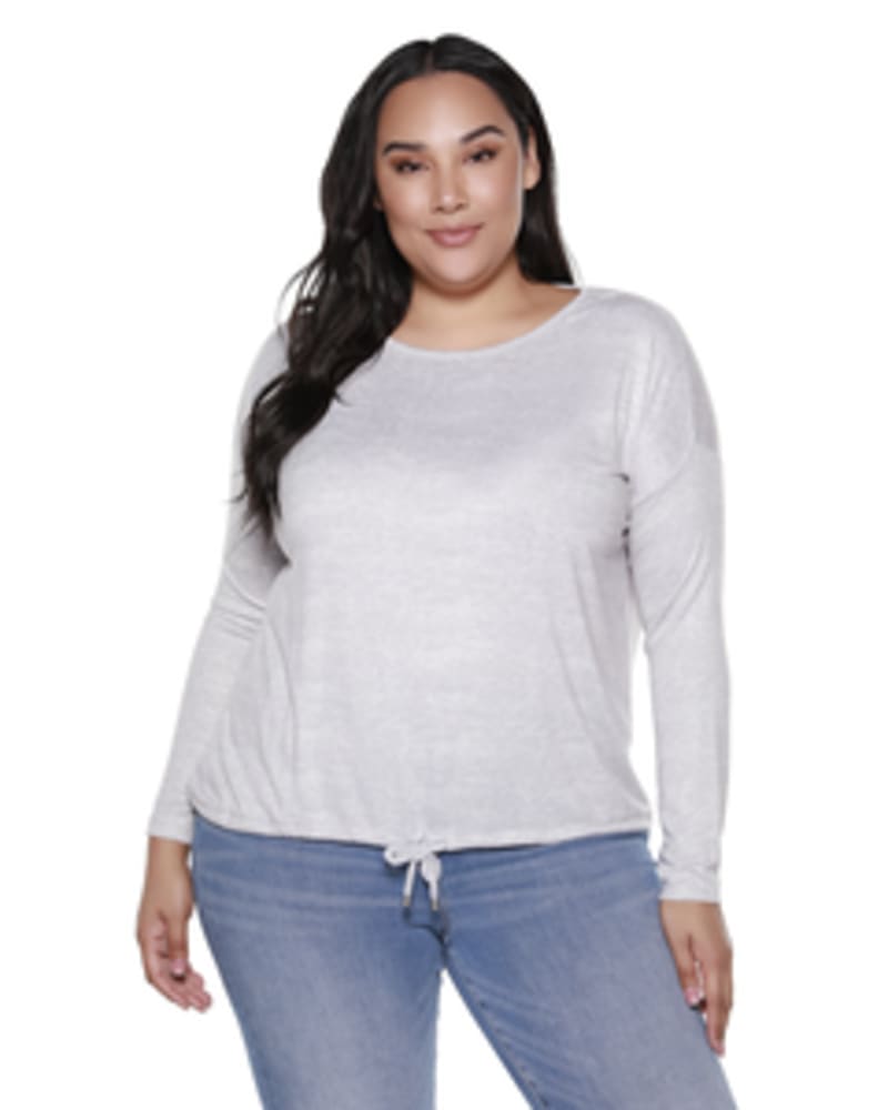 Front of a model wearing a size 1X Long-Sleeve Drawstring-Hem Top in HEATHER LIGHT GREY by Belldini Black Label. | dia_product_style_image_id:246137